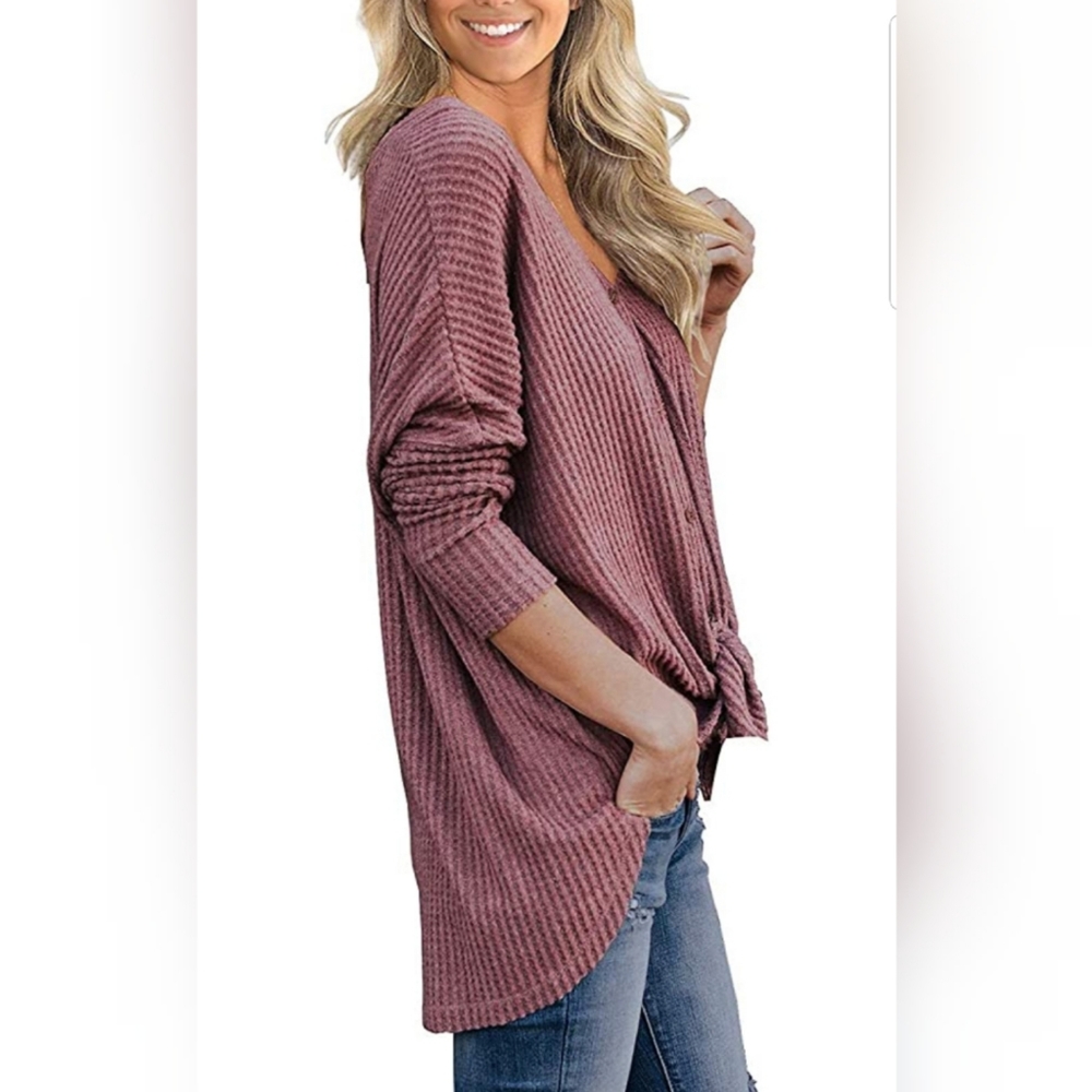 🌞Waffle Knit Tunic Blouse Tie Knot Henley Tops Lo - Picture 2 of 4